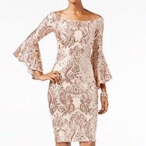 Betsy Adam Gold Sequined Bell Sleeve Evening Dress (Stretchy Bodycon)